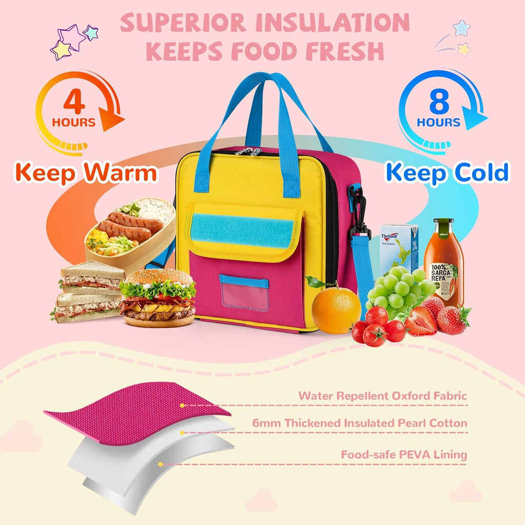 Tactical Lunch Box Kids, Large Insulated Lunch Bag for Girls, Cooler Lunchbag, Square Toddler Lunchbox, School Daycare Lunch Tote Pail with Water Bottle Holder Shoulder Strap, Pink Blue