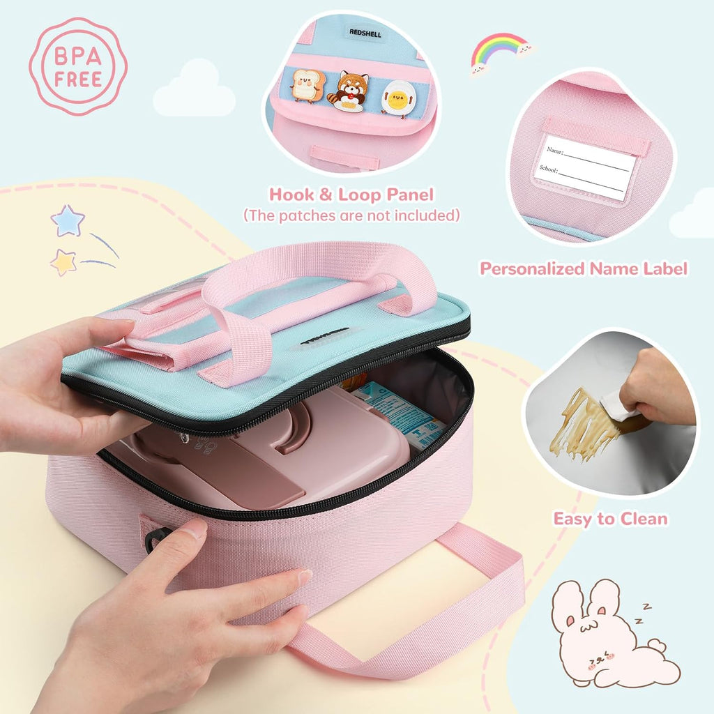 Tactical Lunch Box Kids, Large Insulated Lunch Bag for Girls, Cooler Lunchbag, Square Toddler Lunchbox, Back to School Daycare Lunch Tote Pail with Water Bottle Holder Shoulder Strap, Pink