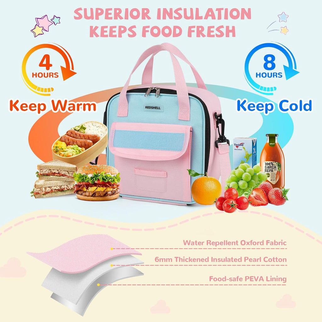 Tactical Lunch Box Kids, Large Insulated Lunch Bag for Girls, Cooler Lunchbag, Square Toddler Lunchbox, Back to School Daycare Lunch Tote Pail with Water Bottle Holder Shoulder Strap, Pink