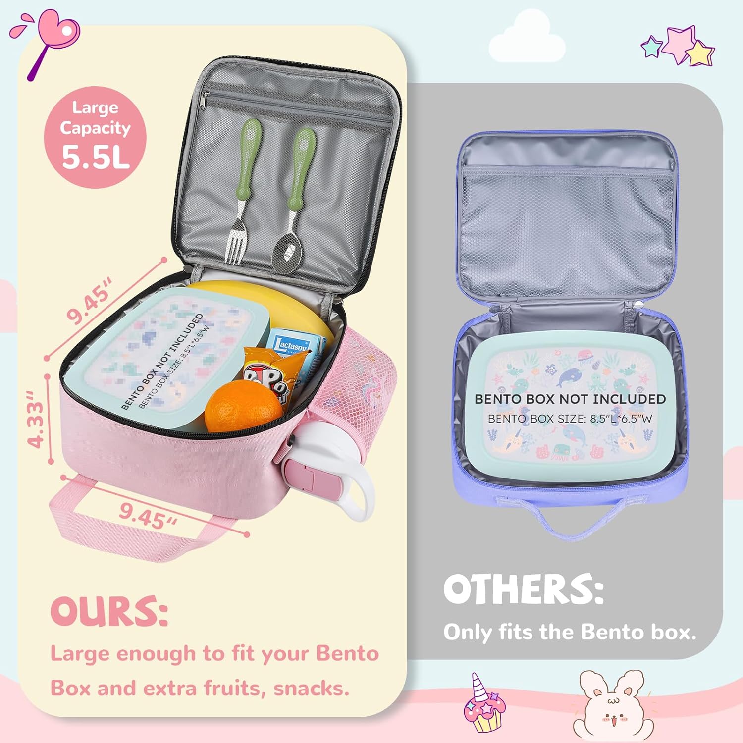 Tactical Lunch Box Kids, Large Insulated Lunch Bag for Girls, Cooler Lunchbag, Square Toddler Lunchbox, Back to School Daycare Lunch Tote Pail with Water Bottle Holder Shoulder Strap, Pink