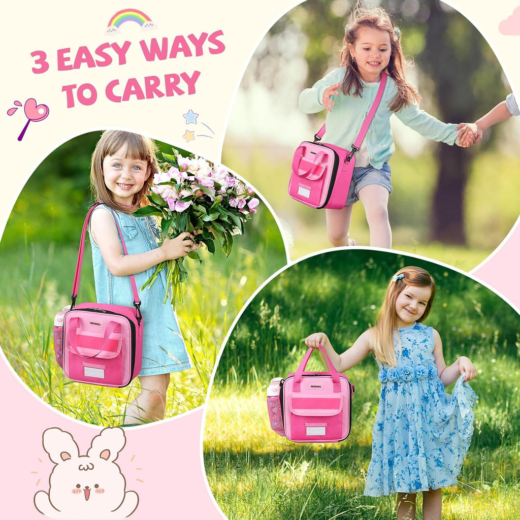 Tactical Lunch Box Kids, Large Insulated Lunch Bag for Girls, Cooler Lunchbag, Toddler Square Lunchbox, School Daycare Lunch Tote Pail with Water Bottle Holder Shoulder Strap, Rose Red