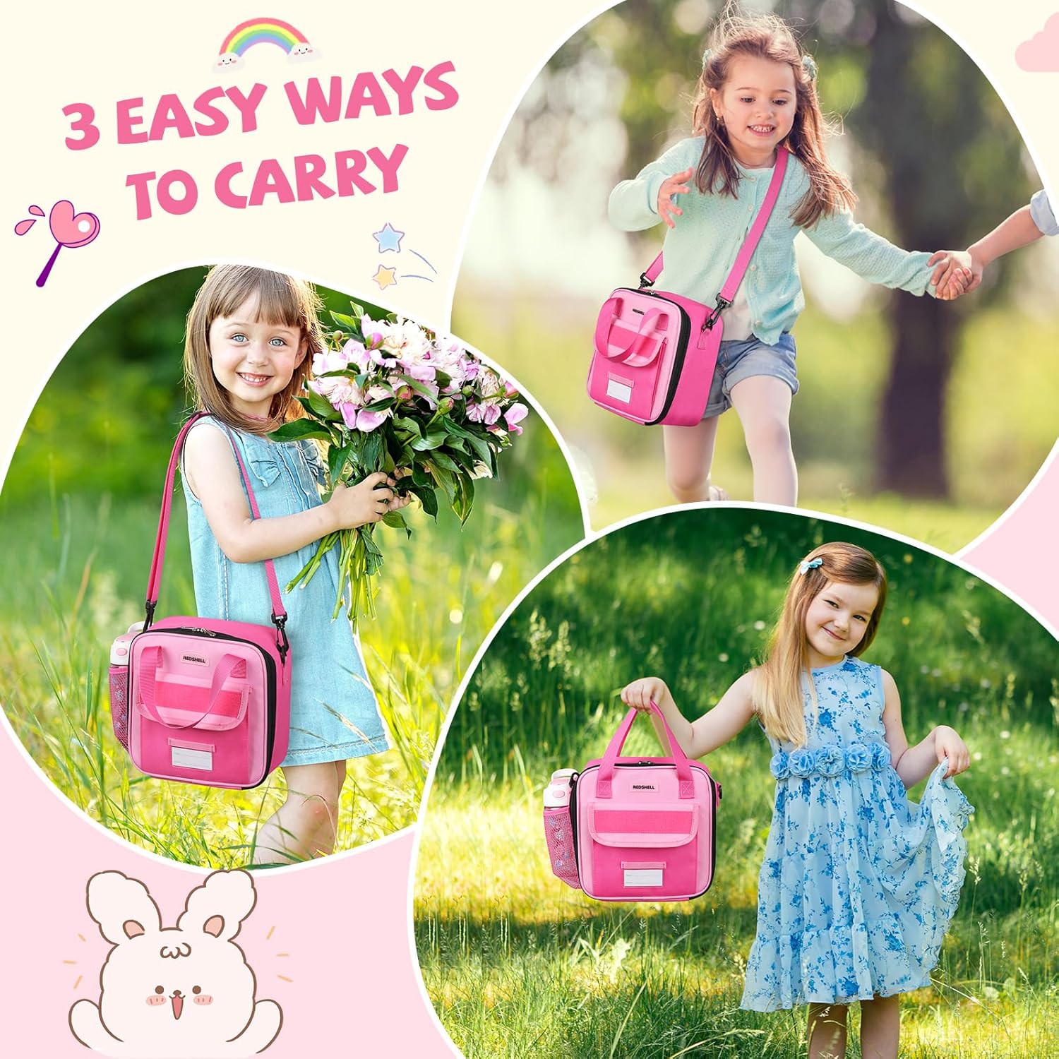 Tactical Lunch Box Kids, Large Insulated Lunch Bag for Girls, Cooler Lunchbag, Toddler Square Lunchbox, School Daycare Lunch Tote Pail with Water Bottle Holder Shoulder Strap, Rose Red