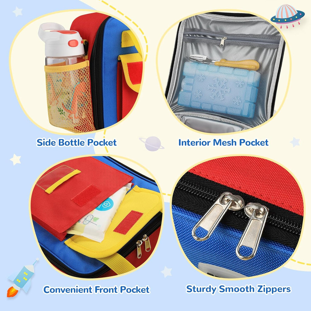 Tactical Lunch Box Kids, Large Insulated Lunch Bag for Boys Girls, Cooler Lunchbag, Square Toddler Lunchbox, School Daycare Lunch Tote Pail with Water Bottle Holder Shoulder Strap, Red Blue
