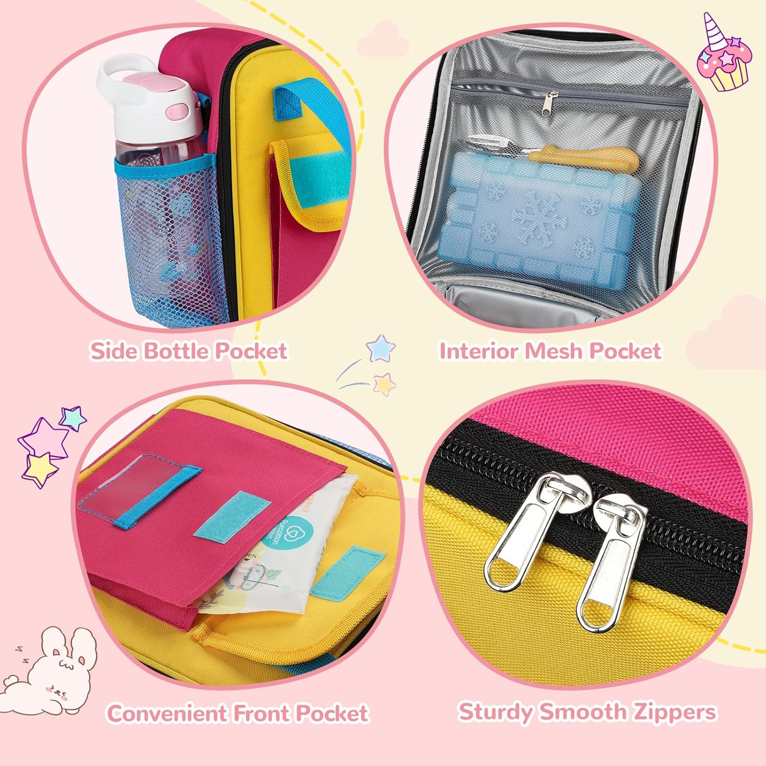 Tactical Lunch Box Kids, Large Insulated Lunch Bag for Girls, Cooler Lunchbag, Square Toddler Lunchbox, School Daycare Lunch Tote Pail with Water Bottle Holder Shoulder Strap, Pink Blue