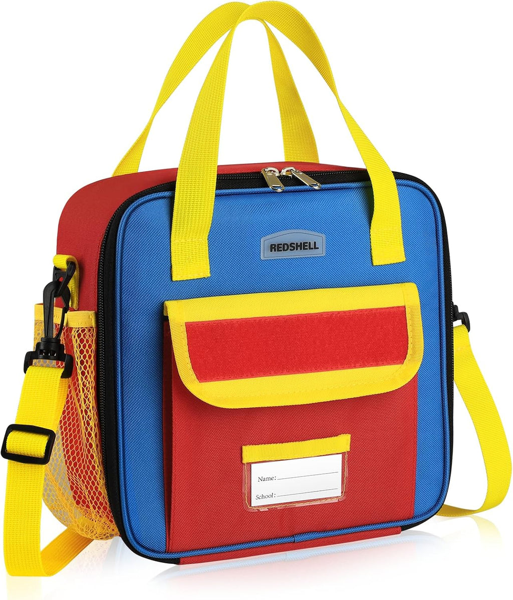 Tactical Lunch Box Kids, Large Insulated Lunch Bag for Boys Girls, Cooler Lunchbag, Square Toddler Lunchbox, School Daycare Lunch Tote Pail with Water Bottle Holder Shoulder Strap, Red Blue
