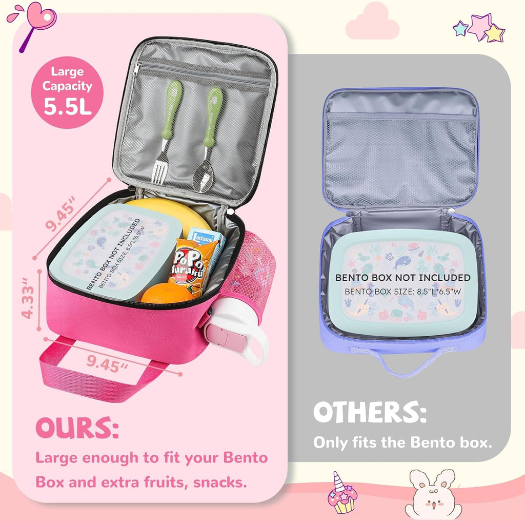 Tactical Lunch Box Kids, Large Insulated Lunch Bag for Girls, Cooler Lunchbag, Toddler Square Lunchbox, School Daycare Lunch Tote Pail with Water Bottle Holder Shoulder Strap, Rose Red