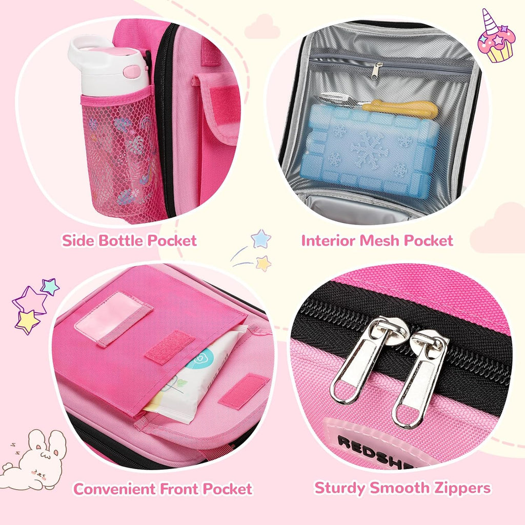 Tactical Lunch Box Kids, Large Insulated Lunch Bag for Girls, Cooler Lunchbag, Toddler Square Lunchbox, School Daycare Lunch Tote Pail with Water Bottle Holder Shoulder Strap, Rose Red