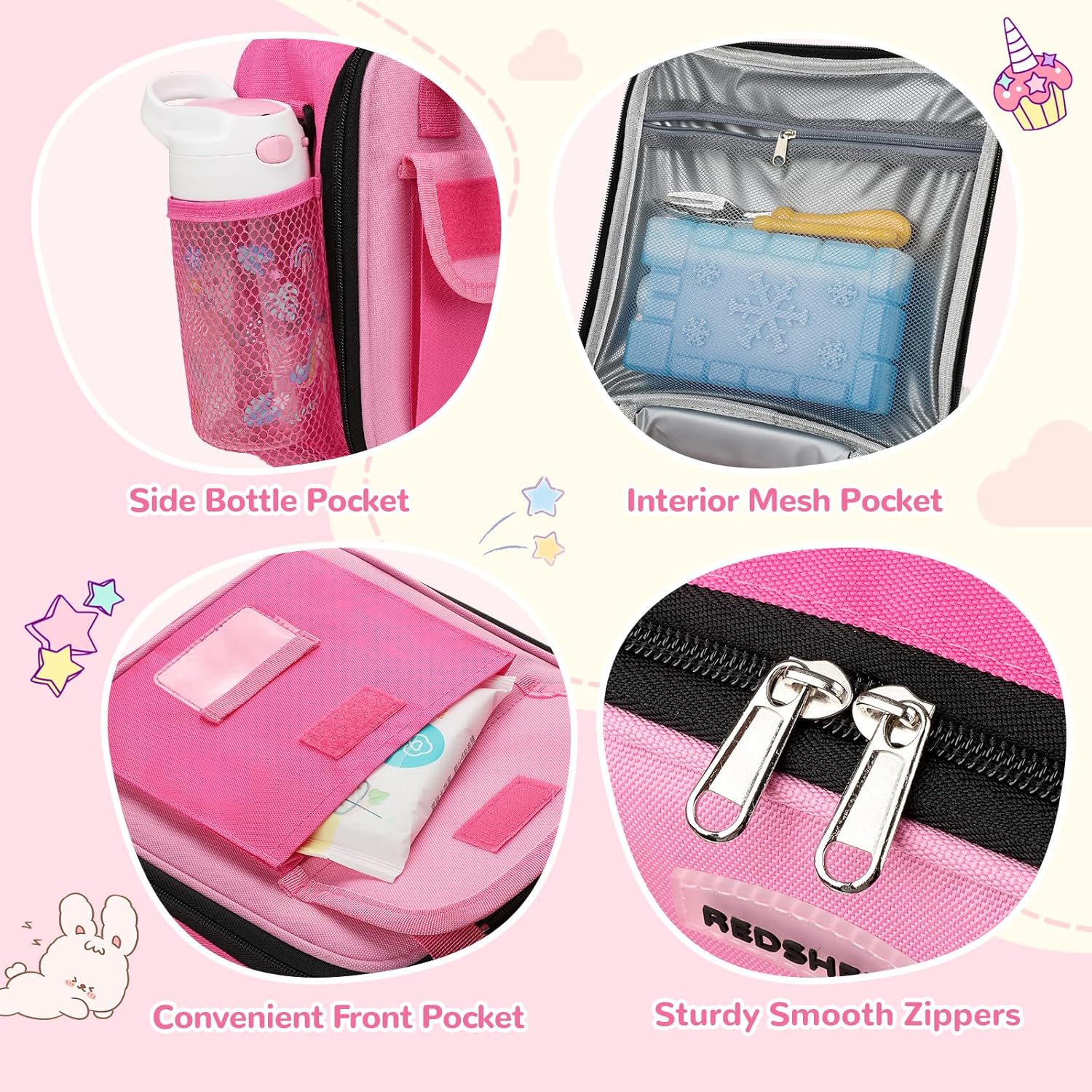 Tactical Lunch Box Kids, Large Insulated Lunch Bag for Girls, Cooler Lunchbag, Toddler Square Lunchbox, School Daycare Lunch Tote Pail with Water Bottle Holder Shoulder Strap, Rose Red