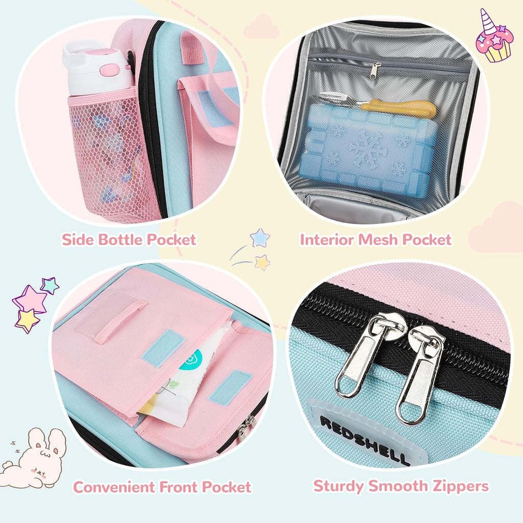 Tactical Lunch Box Kids, Large Insulated Lunch Bag for Girls, Cooler Lunchbag, Square Toddler Lunchbox, Back to School Daycare Lunch Tote Pail with Water Bottle Holder Shoulder Strap, Pink