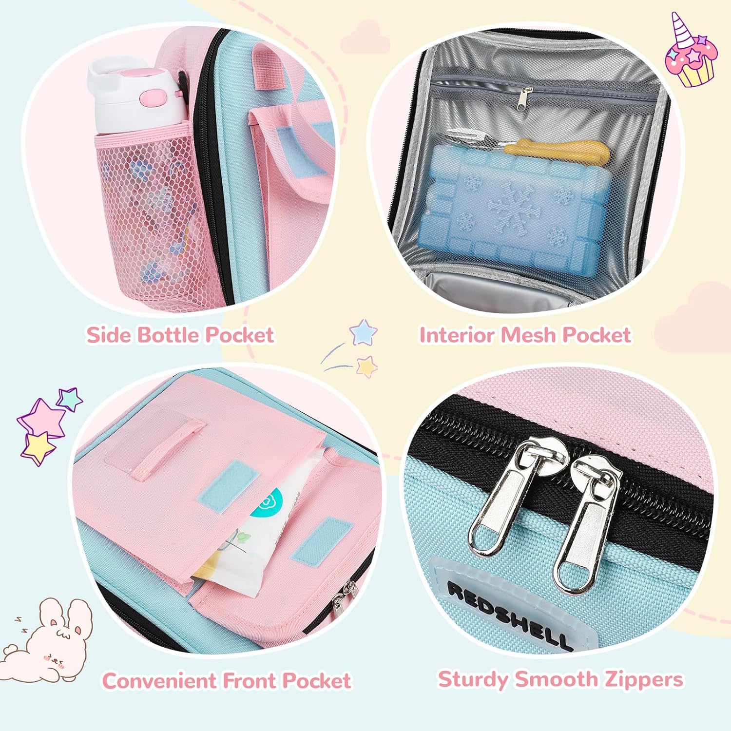 Tactical Lunch Box Kids, Large Insulated Lunch Bag for Girls, Cooler Lunchbag, Square Toddler Lunchbox, Back to School Daycare Lunch Tote Pail with Water Bottle Holder Shoulder Strap, Pink
