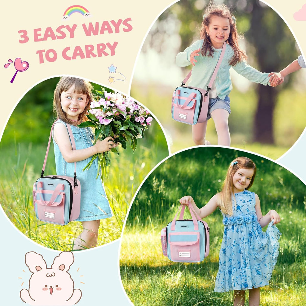 Tactical Lunch Box Kids, Large Insulated Lunch Bag for Girls, Cooler Lunchbag, Square Toddler Lunchbox, Back to School Daycare Lunch Tote Pail with Water Bottle Holder Shoulder Strap, Pink