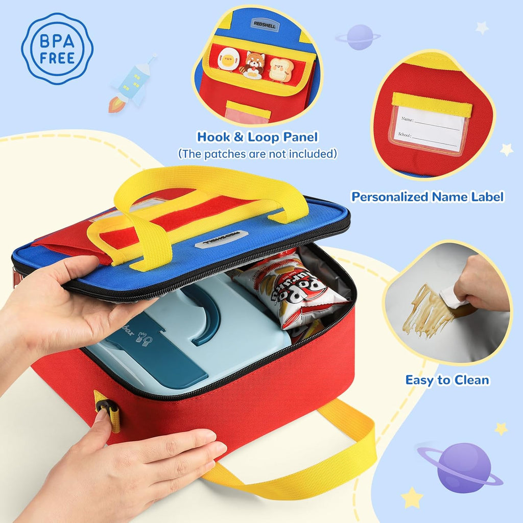 Tactical Lunch Box Kids, Large Insulated Lunch Bag for Boys Girls, Cooler Lunchbag, Square Toddler Lunchbox, School Daycare Lunch Tote Pail with Water Bottle Holder Shoulder Strap, Red Blue