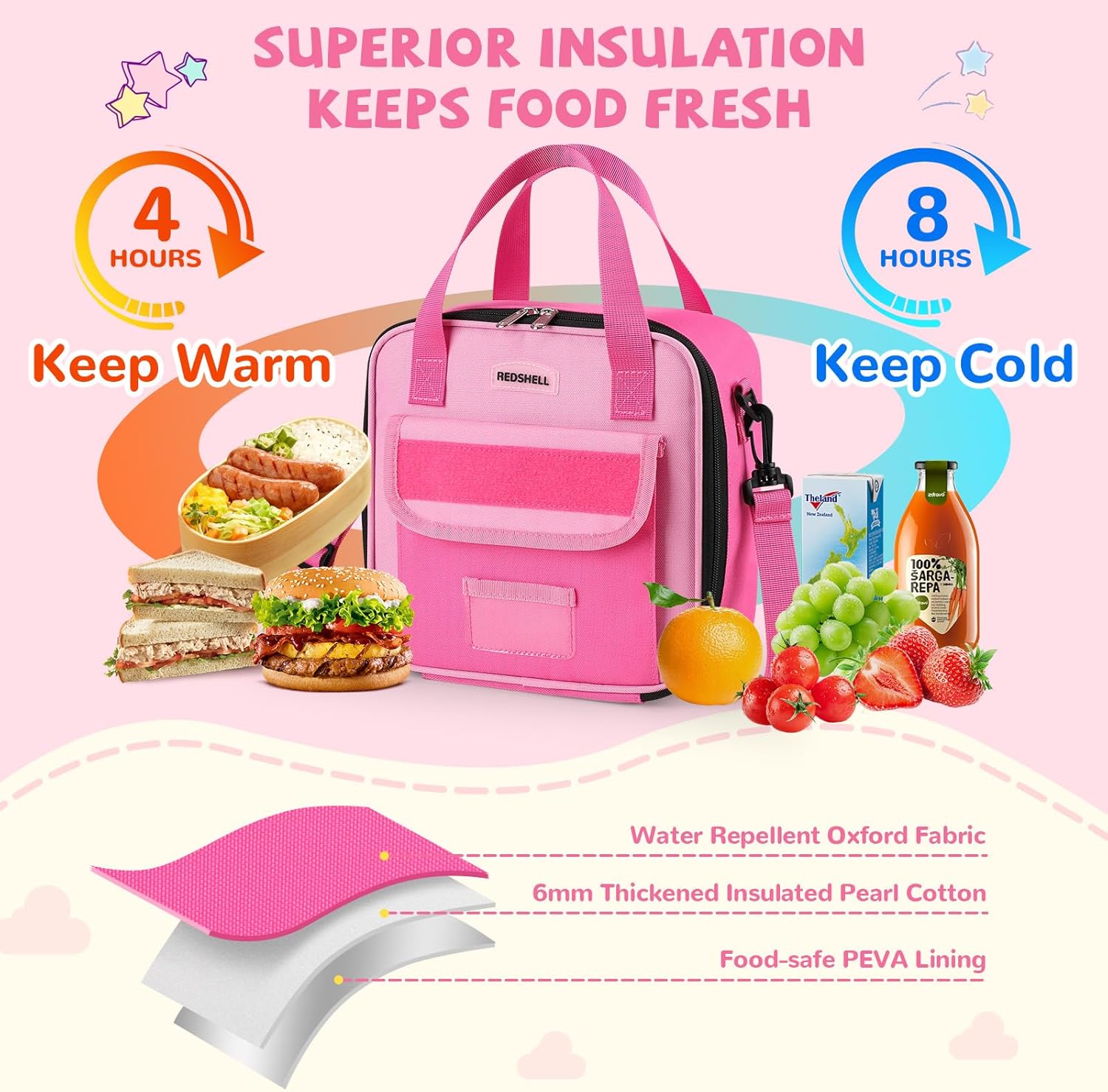 Tactical Lunch Box Kids, Large Insulated Lunch Bag for Girls, Cooler Lunchbag, Toddler Square Lunchbox, School Daycare Lunch Tote Pail with Water Bottle Holder Shoulder Strap, Rose Red