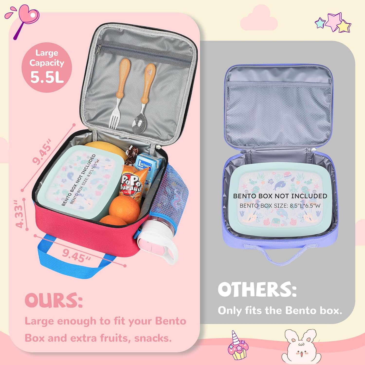 Tactical Lunch Box Kids, Large Insulated Lunch Bag for Girls, Cooler Lunchbag, Square Toddler Lunchbox, School Daycare Lunch Tote Pail with Water Bottle Holder Shoulder Strap, Pink Blue