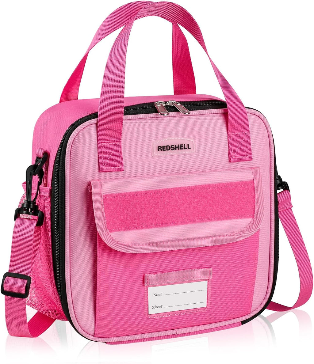 Tactical Lunch Box Kids, Large Insulated Lunch Bag for Girls, Cooler Lunchbag, Toddler Square Lunchbox, School Daycare Lunch Tote Pail with Water Bottle Holder Shoulder Strap, Rose Red