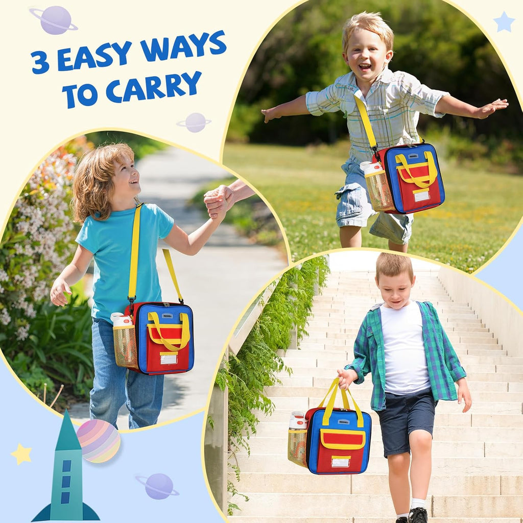 Tactical Lunch Box Kids, Large Insulated Lunch Bag for Boys Girls, Cooler Lunchbag, Square Toddler Lunchbox, School Daycare Lunch Tote Pail with Water Bottle Holder Shoulder Strap, Red Blue