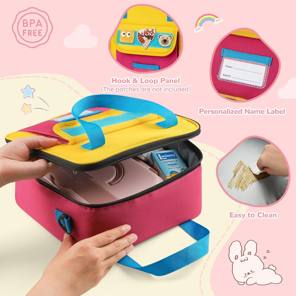Tactical Lunch Box Kids, Large Insulated Lunch Bag for Girls, Cooler Lunchbag, Square Toddler Lunchbox, School Daycare Lunch Tote Pail with Water Bottle Holder Shoulder Strap, Pink Blue