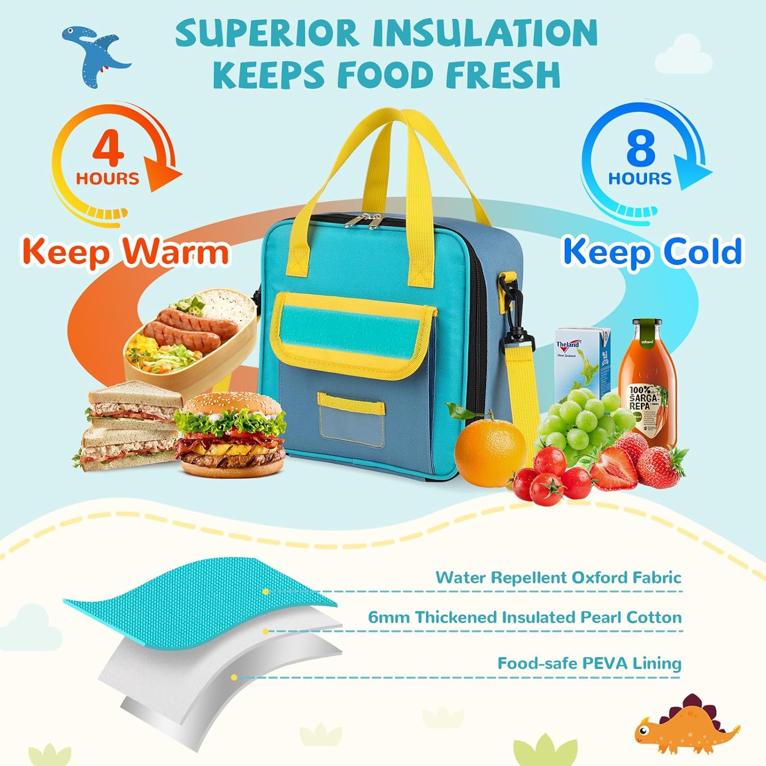 Tactical Lunch Box Kids, Large Insulated Lunch Bag for Boys Girls, Cooler Lunchbag, Square Toddler Lunchbox, School Daycare Lunch Tote Pail with Water Bottle Holder Shoulder Strap, Blue