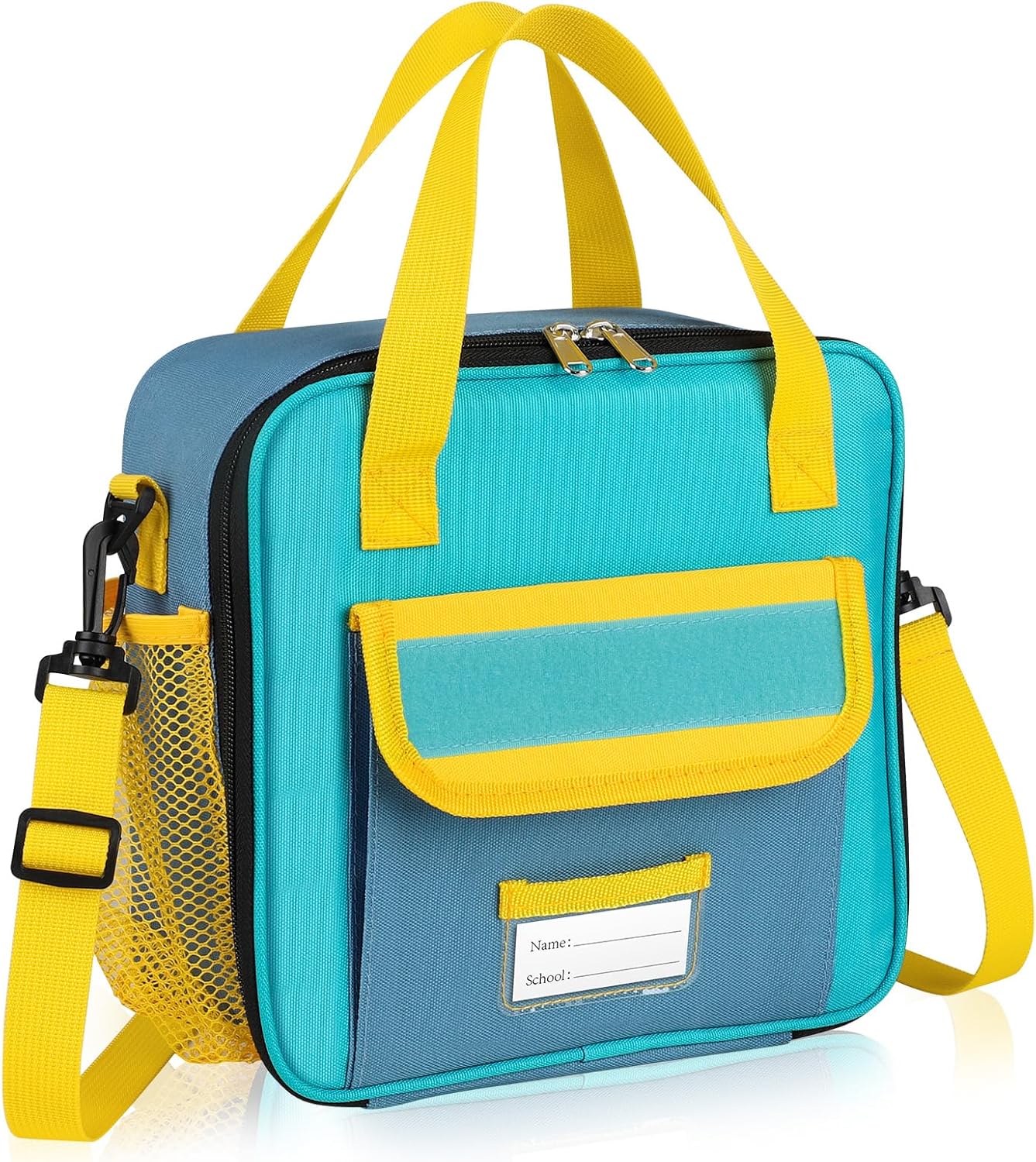 Tactical Lunch Box Kids, Large Insulated Lunch Bag for Boys Girls, Cooler Lunchbag, Square Toddler Lunchbox, School Daycare Lunch Tote Pail with Water Bottle Holder Shoulder Strap, Blue