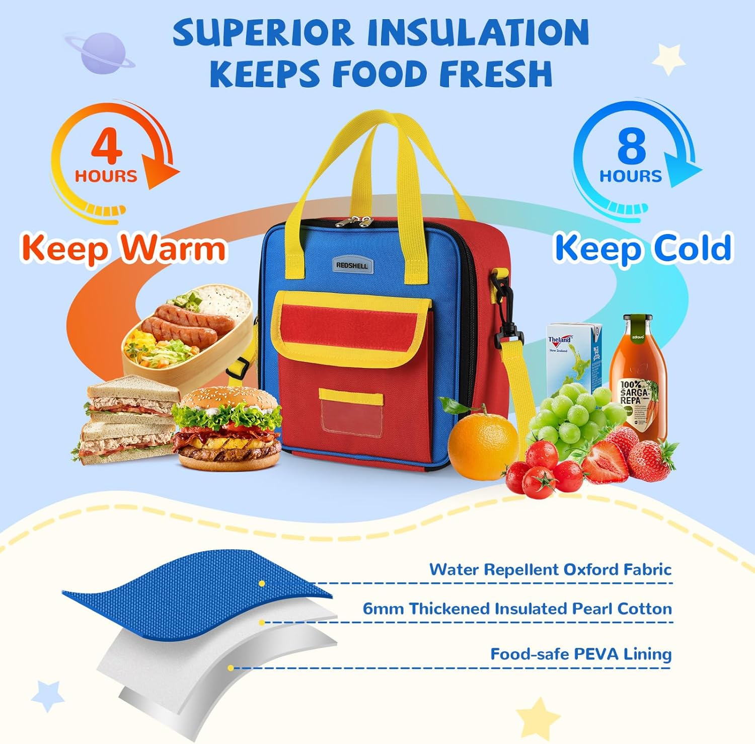 Tactical Lunch Box Kids, Large Insulated Lunch Bag for Boys Girls, Cooler Lunchbag, Square Toddler Lunchbox, School Daycare Lunch Tote Pail with Water Bottle Holder Shoulder Strap, Red Blue