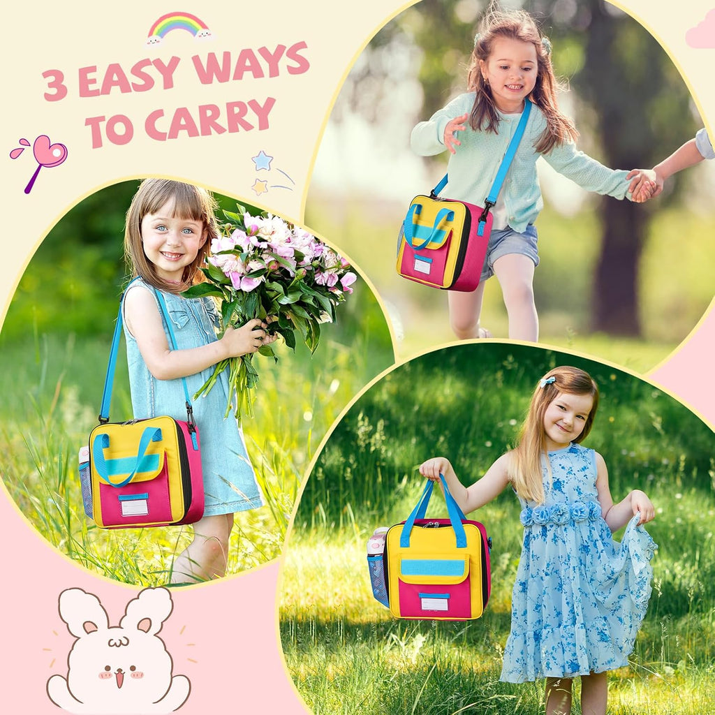 Tactical Lunch Box Kids, Large Insulated Lunch Bag for Girls, Cooler Lunchbag, Square Toddler Lunchbox, School Daycare Lunch Tote Pail with Water Bottle Holder Shoulder Strap, Pink Blue