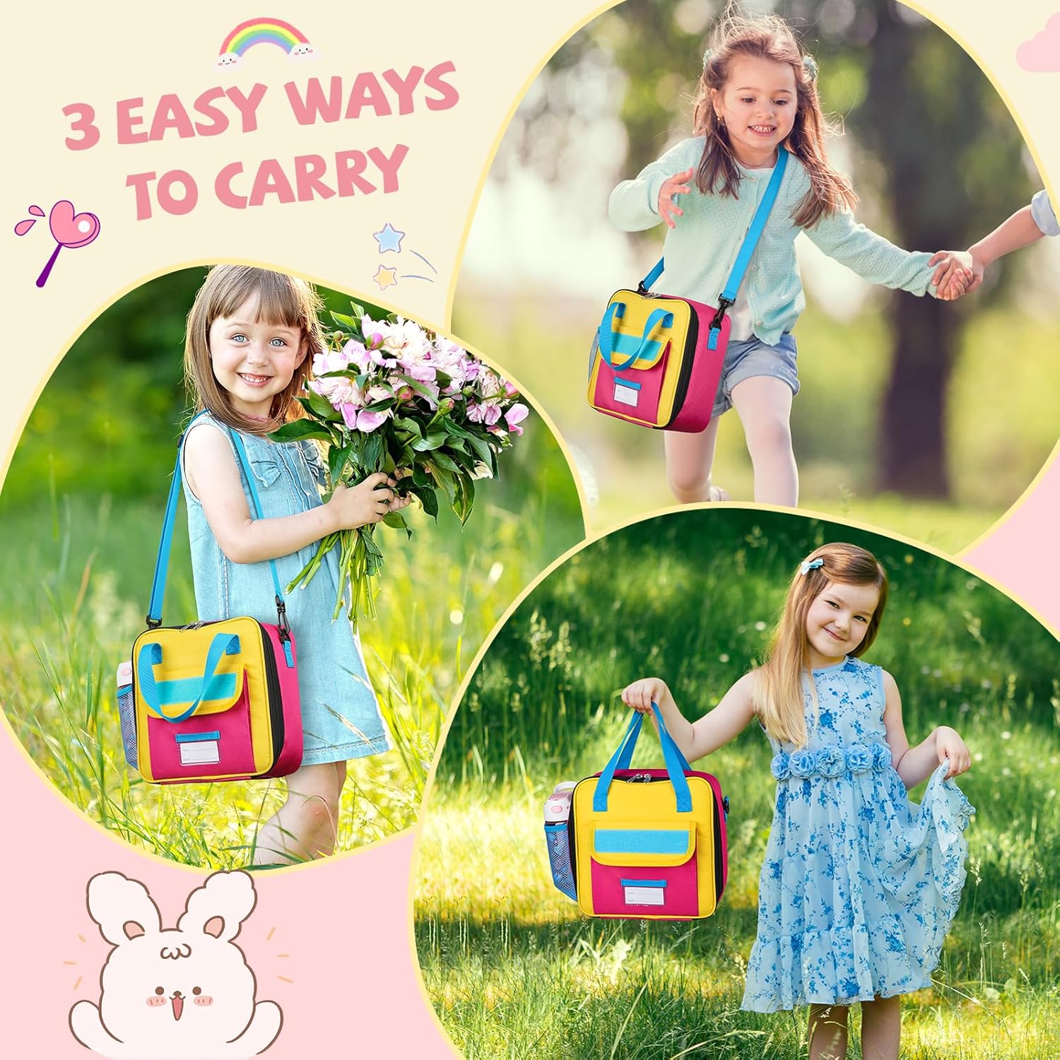 Tactical Lunch Box Kids, Large Insulated Lunch Bag for Girls, Cooler Lunchbag, Square Toddler Lunchbox, School Daycare Lunch Tote Pail with Water Bottle Holder Shoulder Strap, Pink Blue