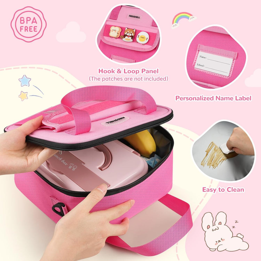 Tactical Lunch Box Kids, Large Insulated Lunch Bag for Girls, Cooler Lunchbag, Toddler Square Lunchbox, School Daycare Lunch Tote Pail with Water Bottle Holder Shoulder Strap, Rose Red